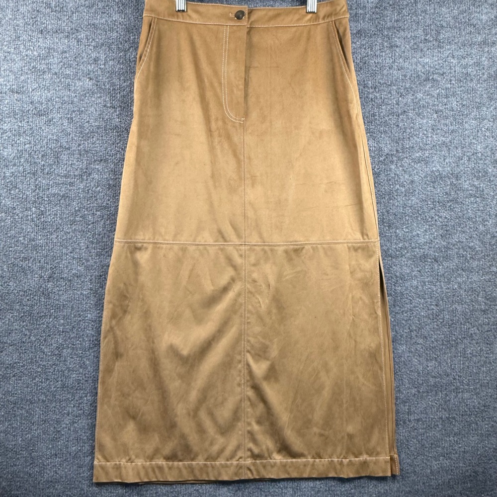 Staud Vegan Suede Size 10 Maxi Skirt Tan Camel Side Slit Pockets Boho 70s Style